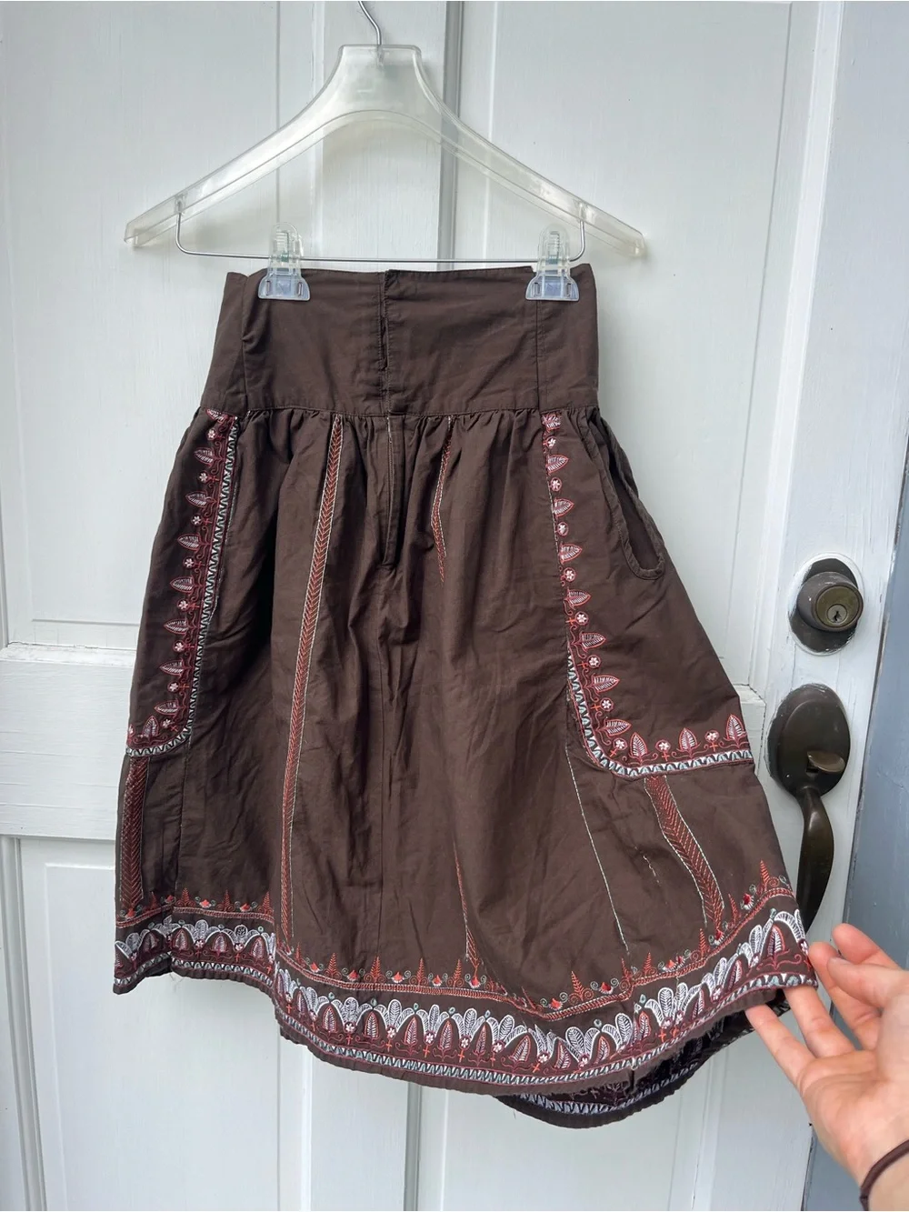 Handmade Embroidered Brown Cotton A-Line Skirt